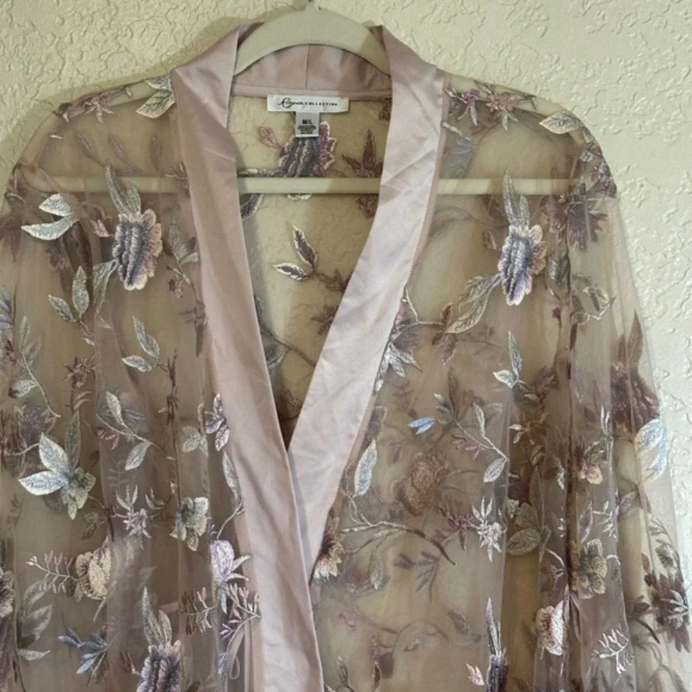 Rya Collection Sepia Rose Embroidered Mesh Kimono Robe Cover Up‎ M L